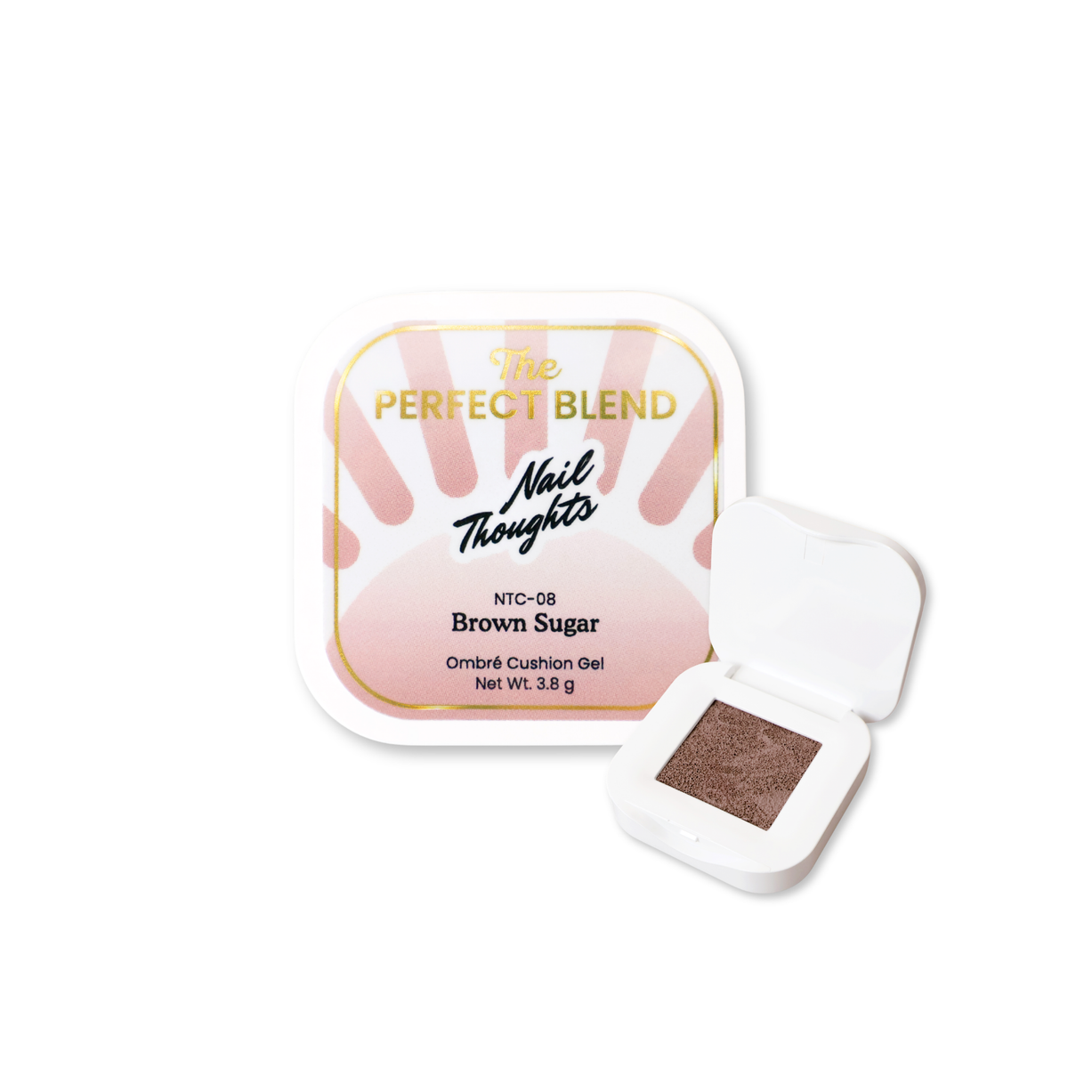 A single-pan eyeshadow compact from The Perfect Blend Nail Thoughts in the shade Brown Sugar, shown with its white lid open next to the product packaging on a white background.