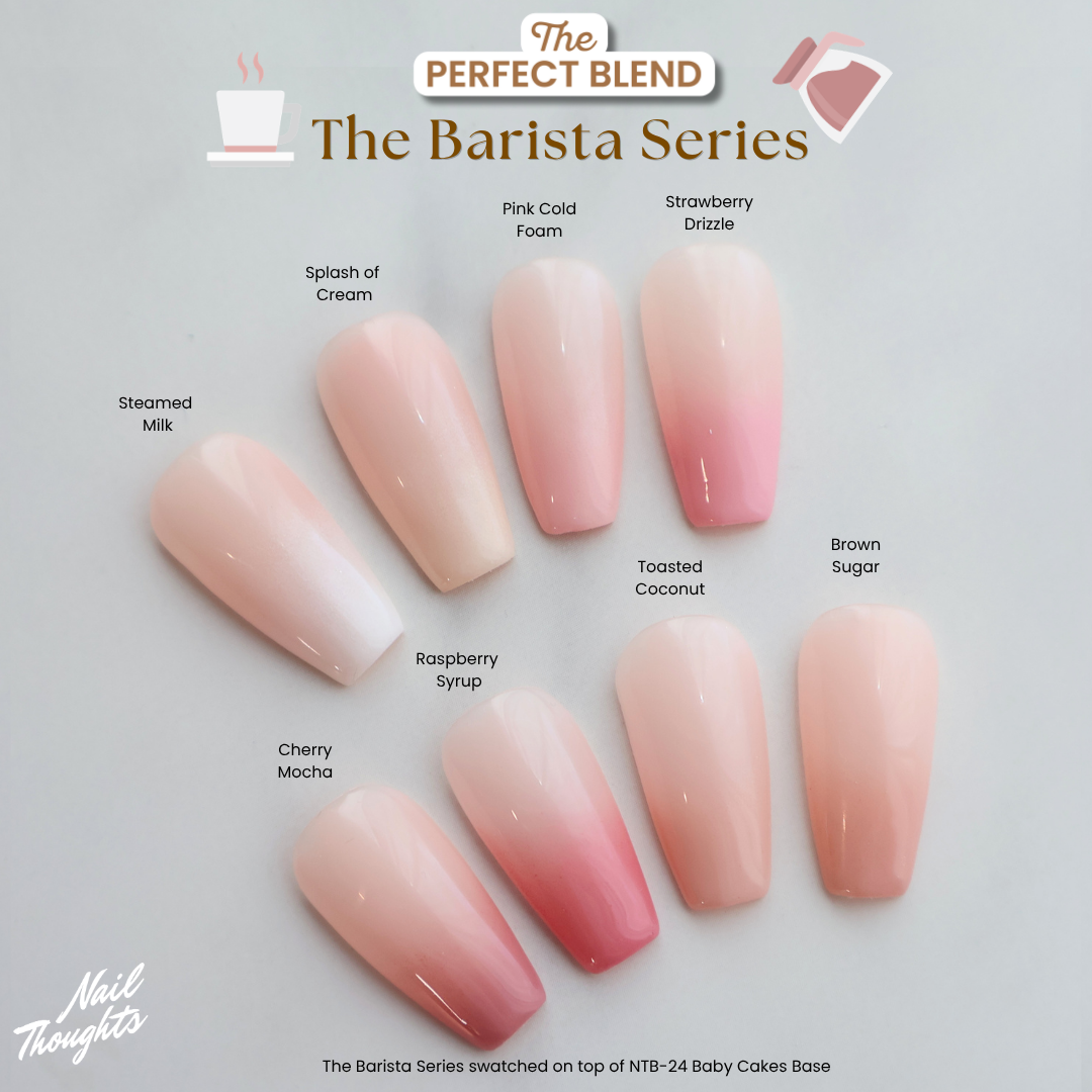 A nail color swatch chart titled 'The Barista Series' by The Perfect Blend, showing ten almond-shaped false nails with different gradient shades ranging from pale pink and cream to rosy pink and deep berry tones, each labeled with a flavor name like Pink Cold Foam, Strawberry Drizzle, and Brown Sugar.