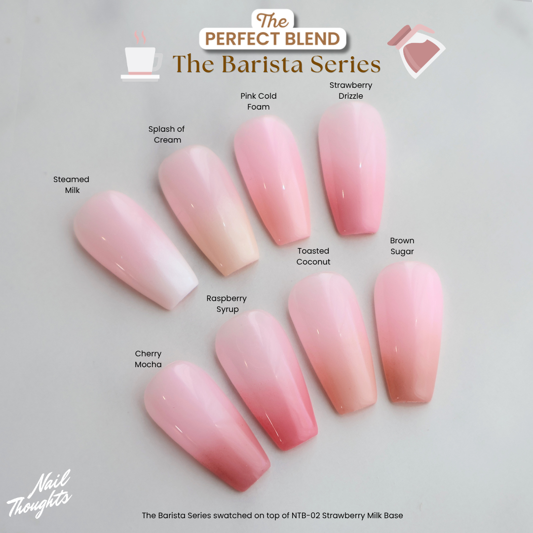 A nail color shade chart showing ten almond-shaped swatches labeled with different blend names such as Steamed Milk, Pink Cold Foam, Strawberry Drizzle, Toasted Coconut, Brown Sugar, Raspberry Syrup, Cherry Mocha, and Steam Cream. The swatches show pink ombré gradients on a light gray background with text reading 'The Perfect Blend The Barista Series' and 'Nail Thoughts'.